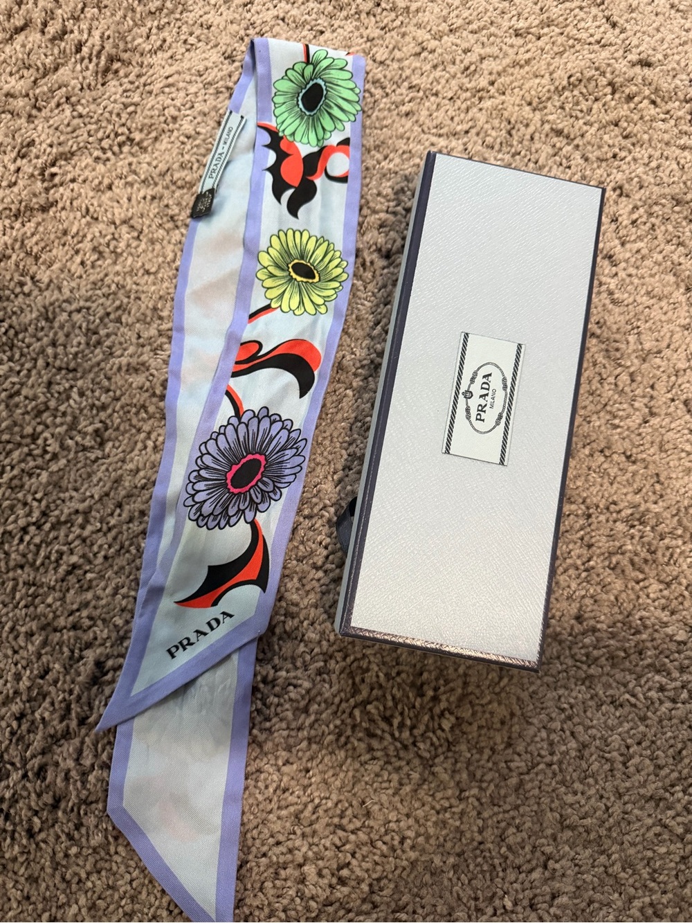 PRADA Lavender Floral Silk Twilly with Multicolor Blooms